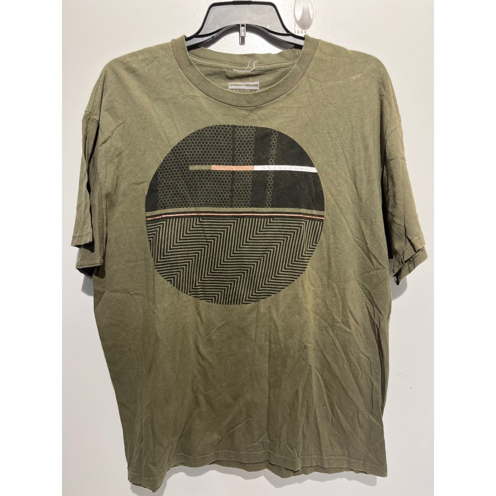 Sean John Mens XL Olive Green Geometric Graphic T-Shirt Short Sleeve Cotton Tee